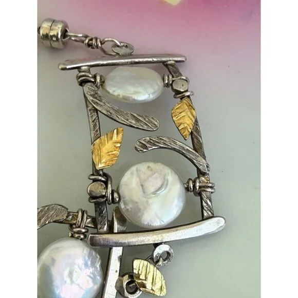 Vintage 90s Modernist Donna Burdic Bracelet Coin Pearls Sterling Gold Leaves